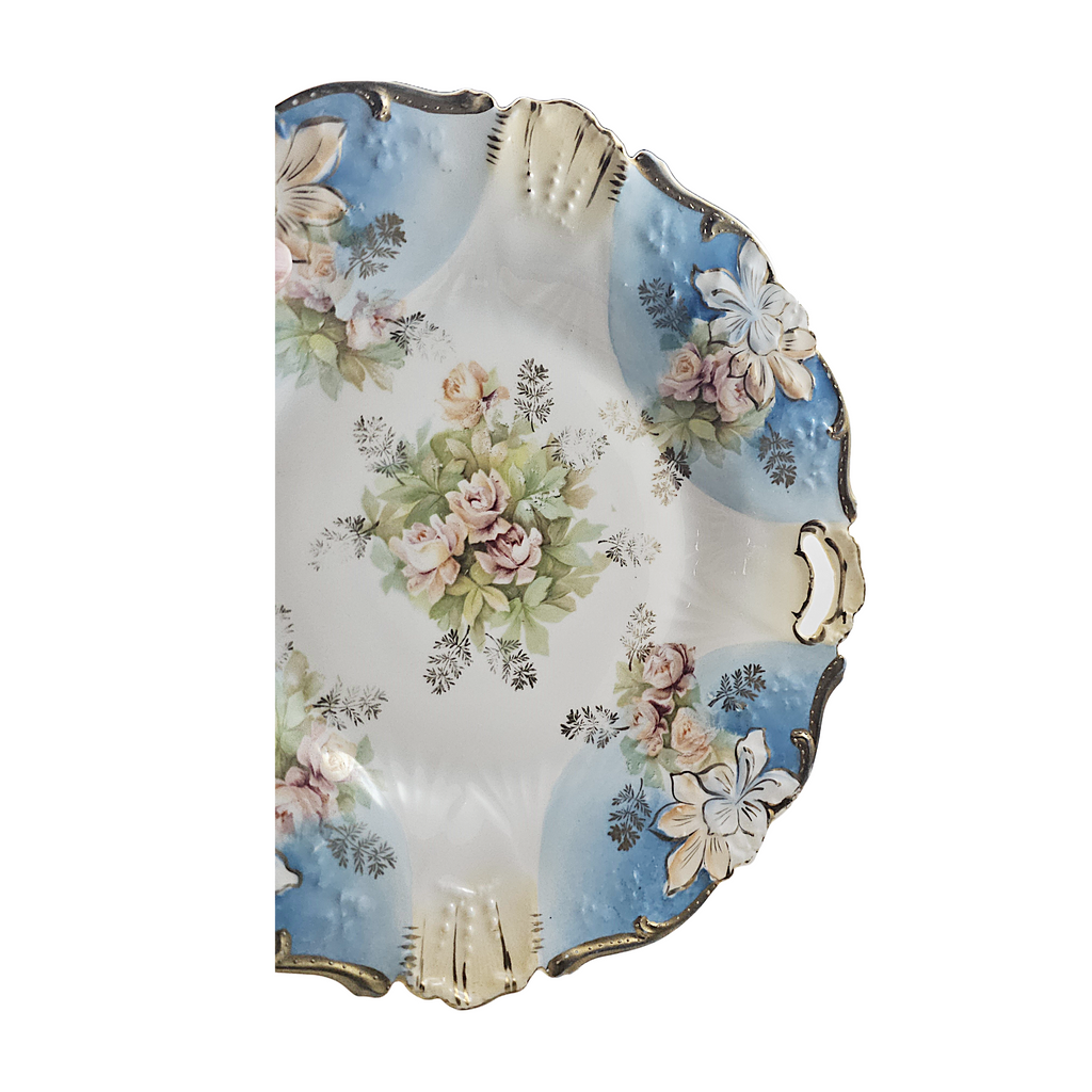 RS Prussia Porcelain Cake Plate Mold 339 Art Nouveau Period Blue w/ Pink Tea Roses
