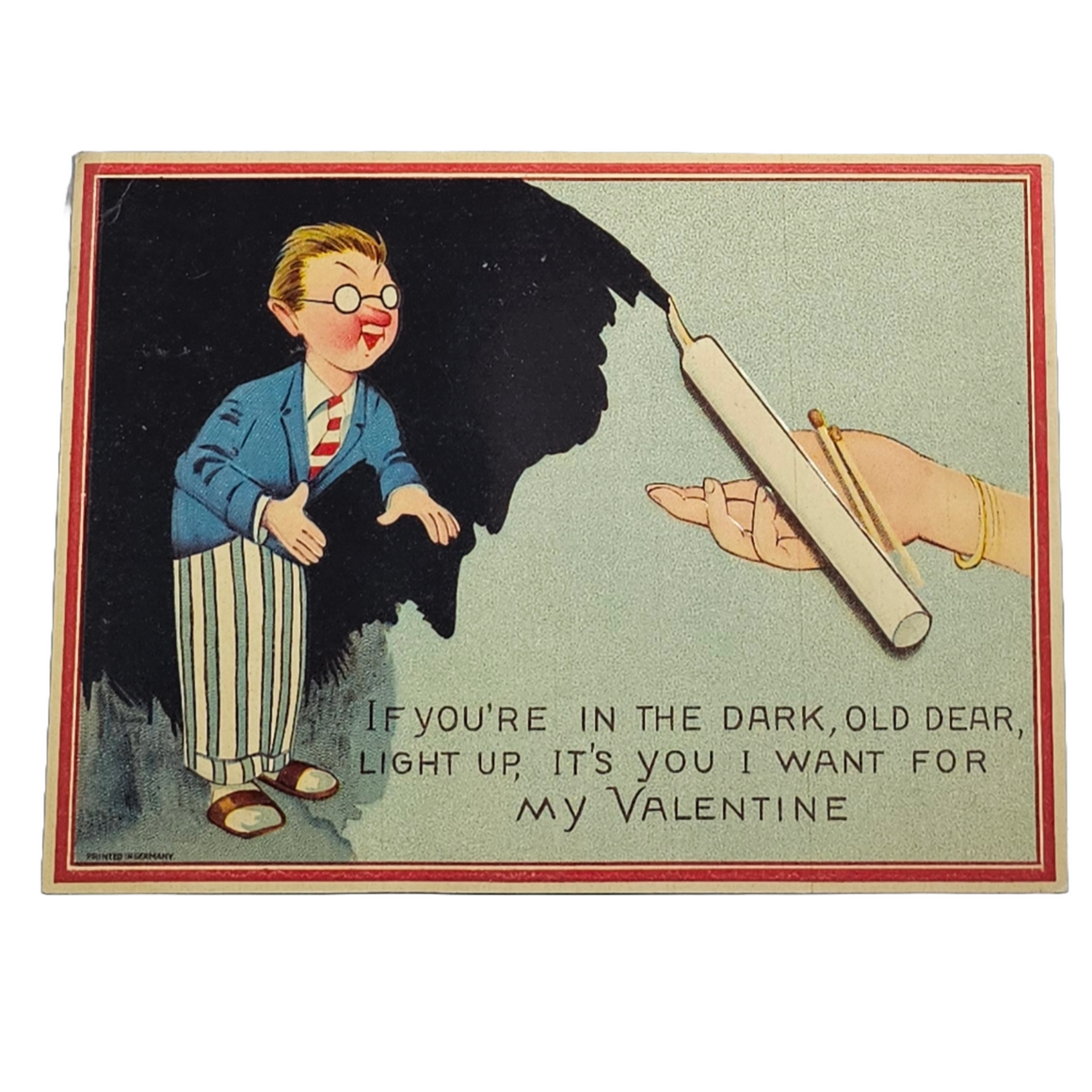 Vintage Die Cut Valentine Card Man in Glasses as Woman's Hand Holds Lit Candle Marked Germany