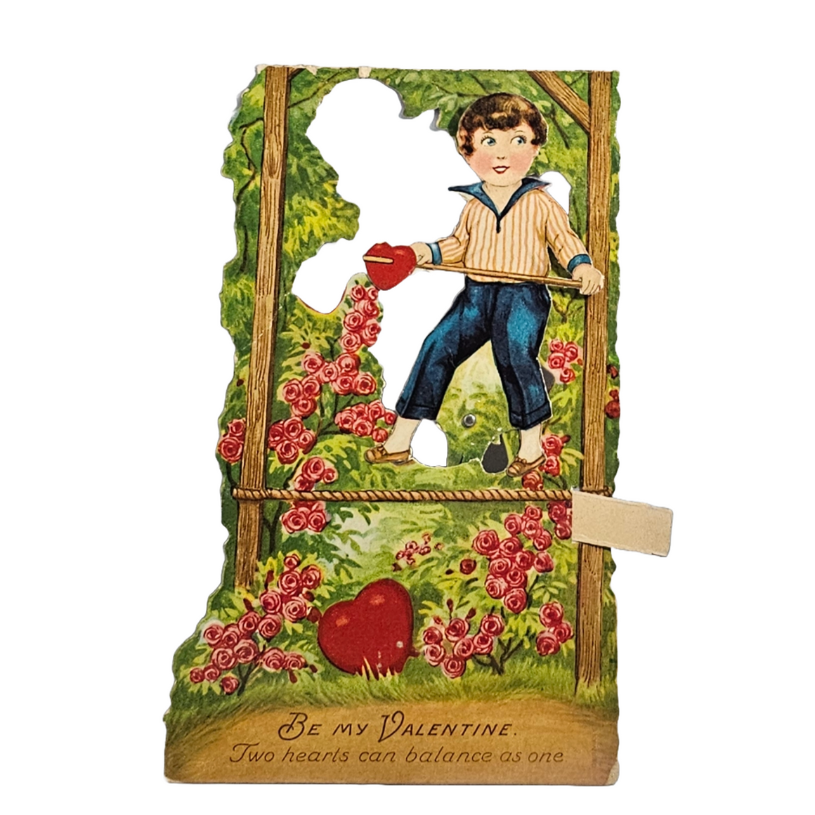 Vintage Die Cut Valentine Mechanical Card Boy Balancing on Rope Among Roses in Forest
