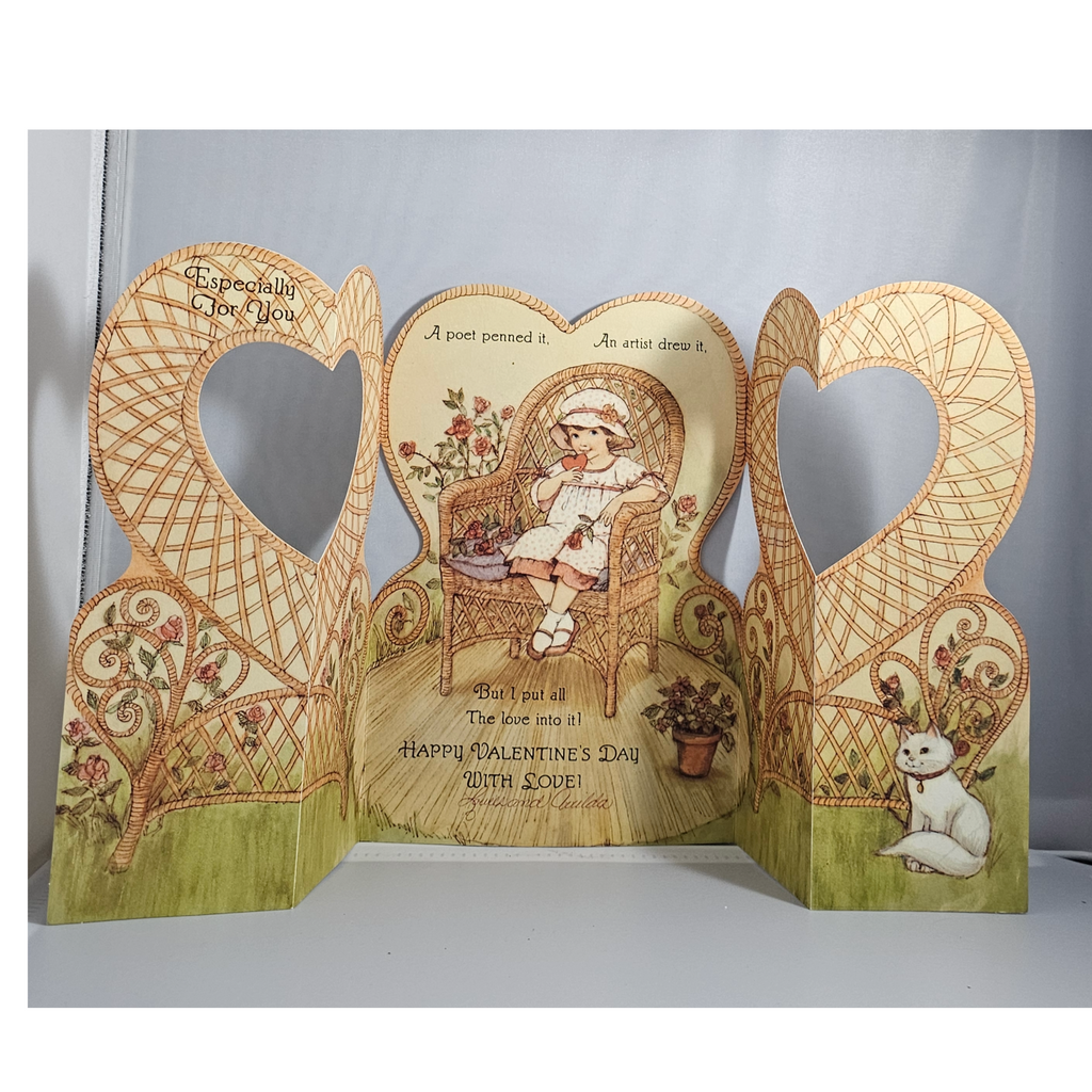 Vintage Hallmark Valentine Card Large Fold Out Heart with Little Girl and White Cat on Wicker Chair