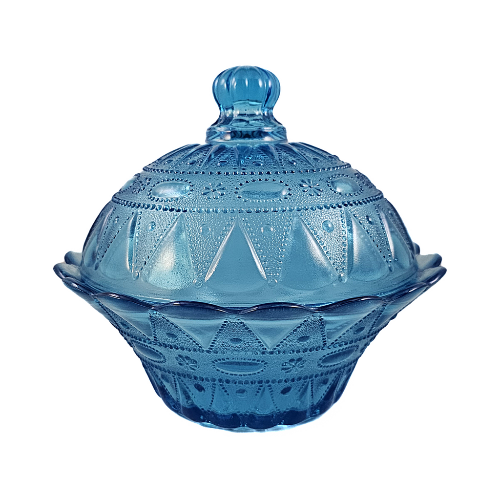 Kemple Wheaton Lace and Dewdrop Turquoise Blue Pressed Glass 6 1/2 Inch Lidded Bowl (Copy)