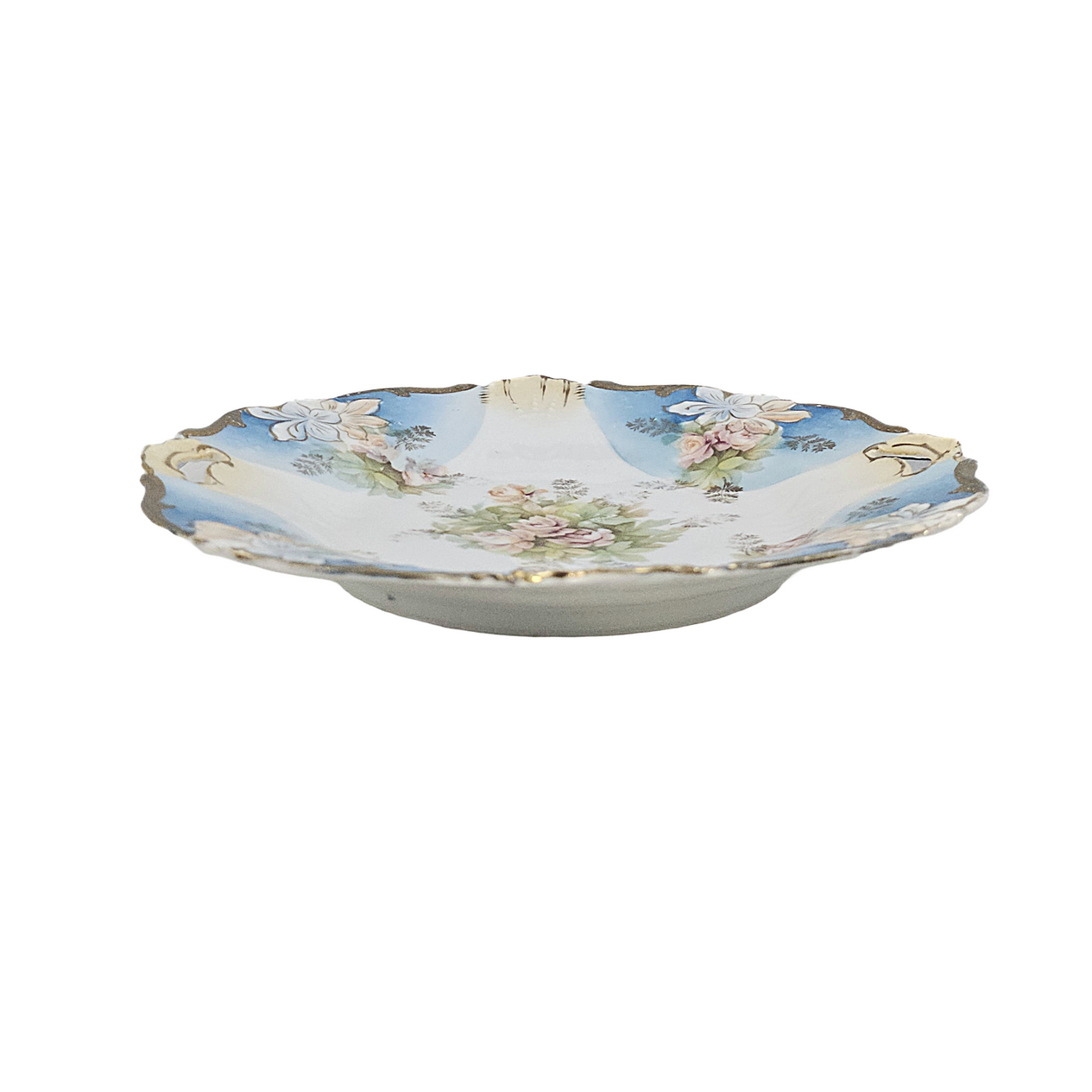 RS Prussia Porcelain Cake Plate Mold 339 Art Nouveau Period Blue w/ Pink Tea Roses