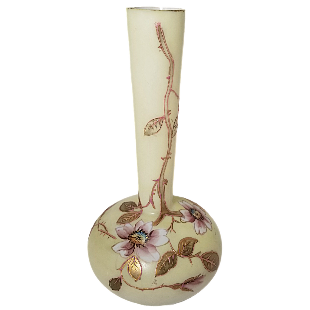 Antique Bohemian Harrach Enamel Hand Painted Cased Glass Vase