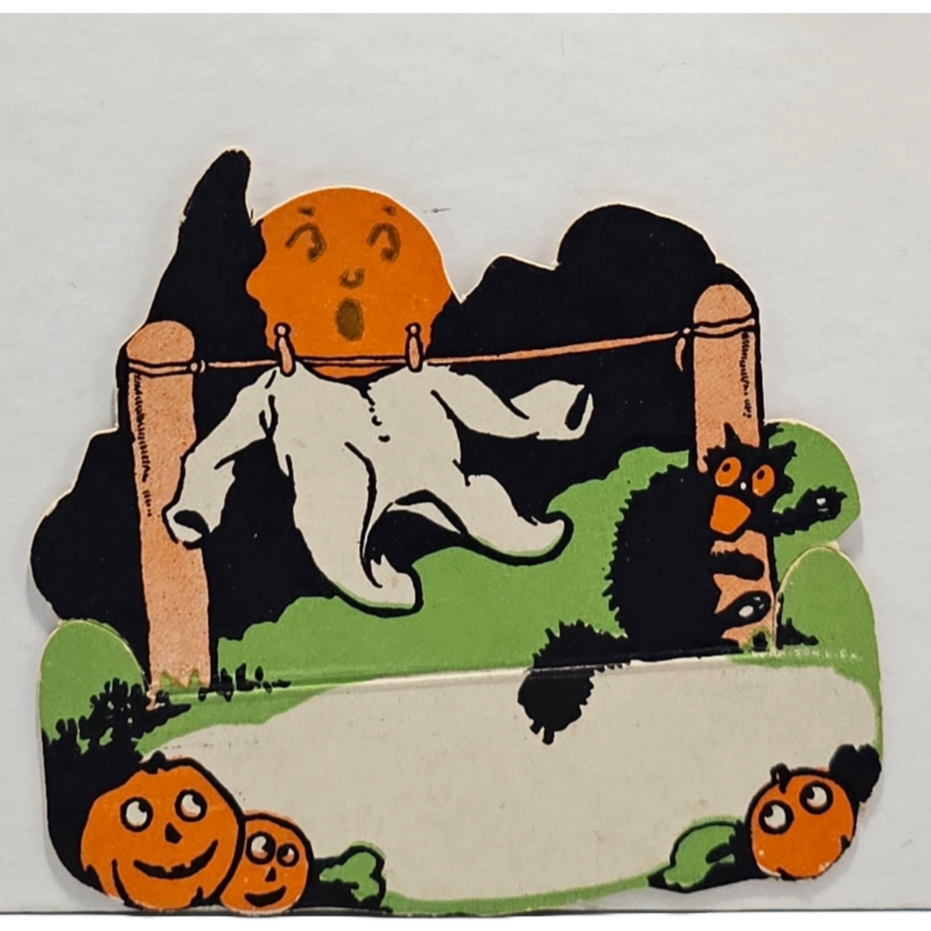 Vintage Dennison Halloween Die Cut Place Card 1920s JOL Pumpkin Ghost Pajamas Scared Black Cat