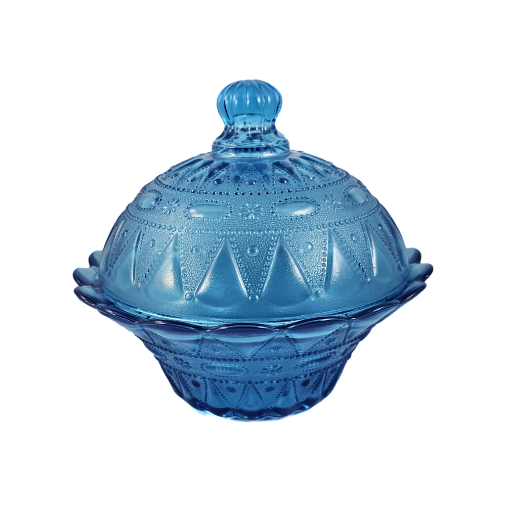 Kemple Wheaton Lace and Dewdrop Blue Pressed Glass 6 1/2 Inch Lidded Bowl