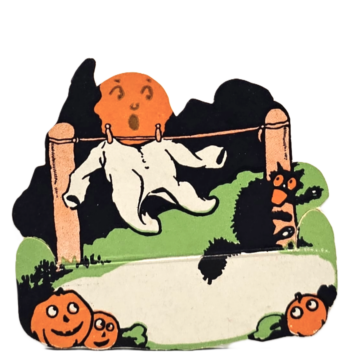 Vintage Dennison Halloween Die Cut Place Card JOL Pumpkin Ghost w/ Cat