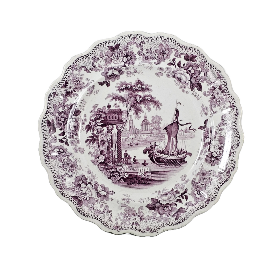 Antique 1830's Staffordshire Porcelain Purple Transferware Plate by Thomas Mayer Oriental Scenery