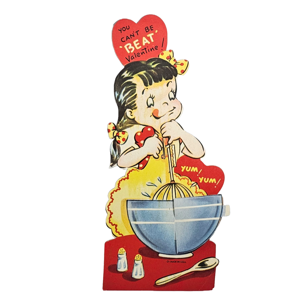 Vintage Valentine Die Cut Large Card with Honeycomb Girl Mixing Batter in Large Bowl