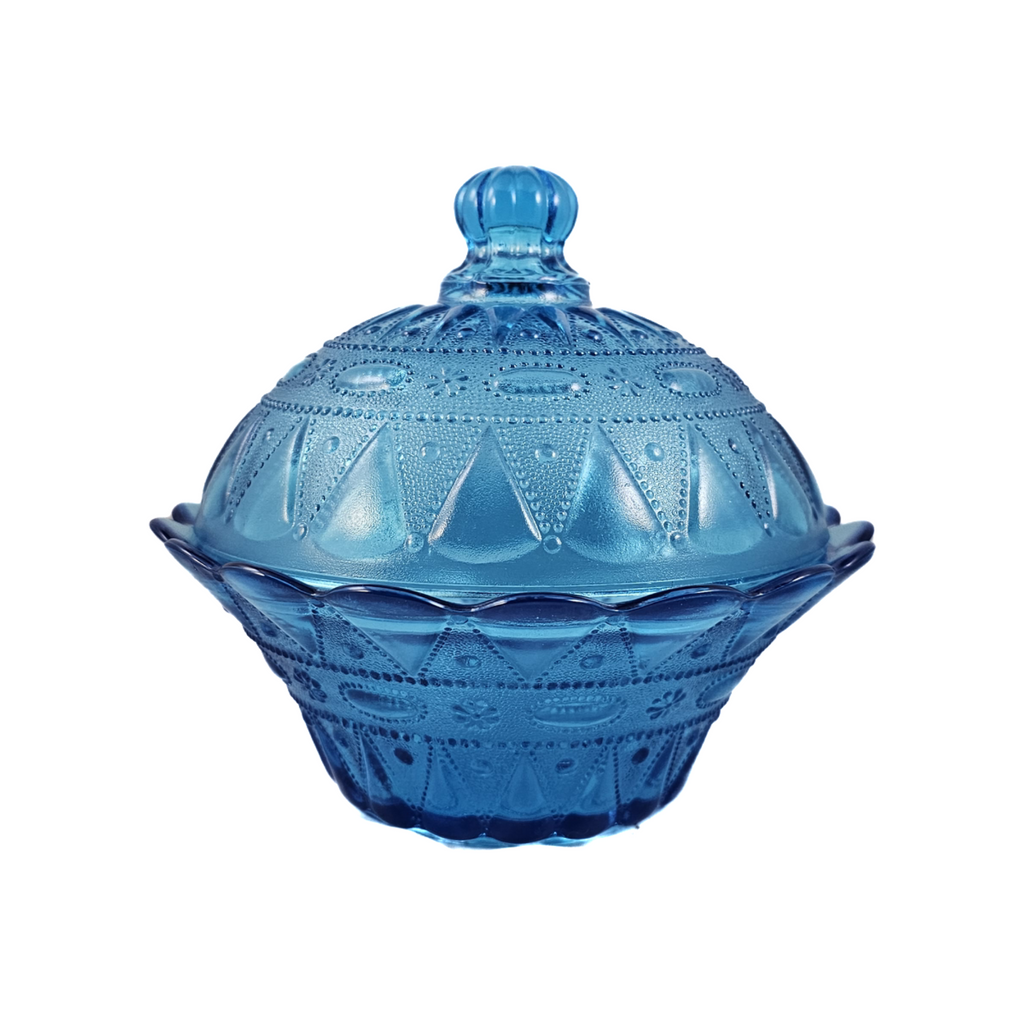 Kemple Wheaton Lace and Dewdrop Blue Pressed Glass 6 1/2 Inch Lidded Bowl