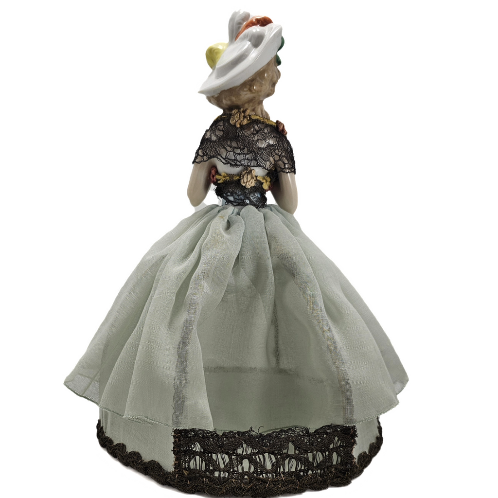 German Porcelain Half Doll Madame Du Barry By Wlm Goebel 1703/1 4" HTF Model Woman in Plume Hat with Full Dress & Skirt