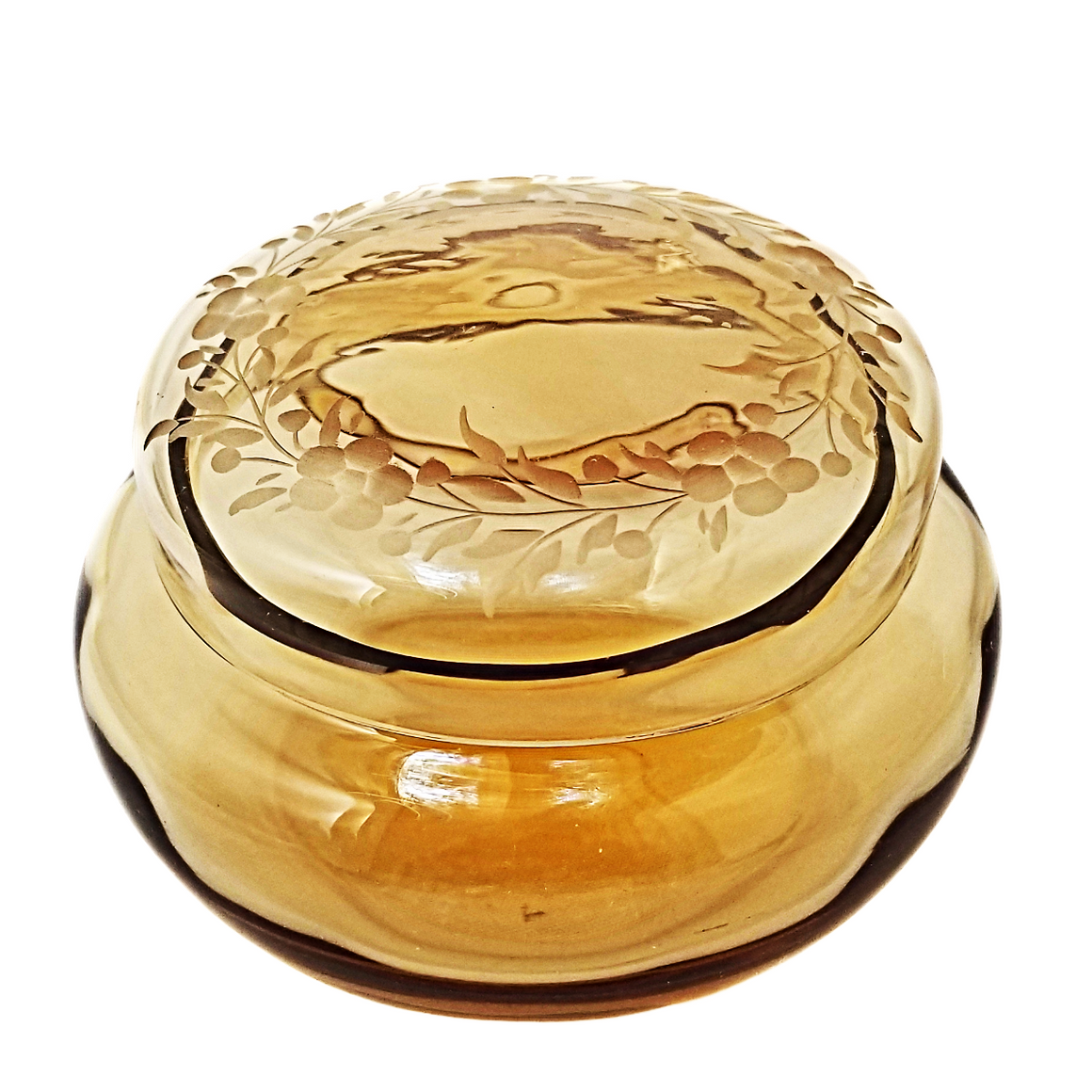 Wheel Cut Amber or Yellow Topaz Art Glass Covered Jar Vanity Powder Box