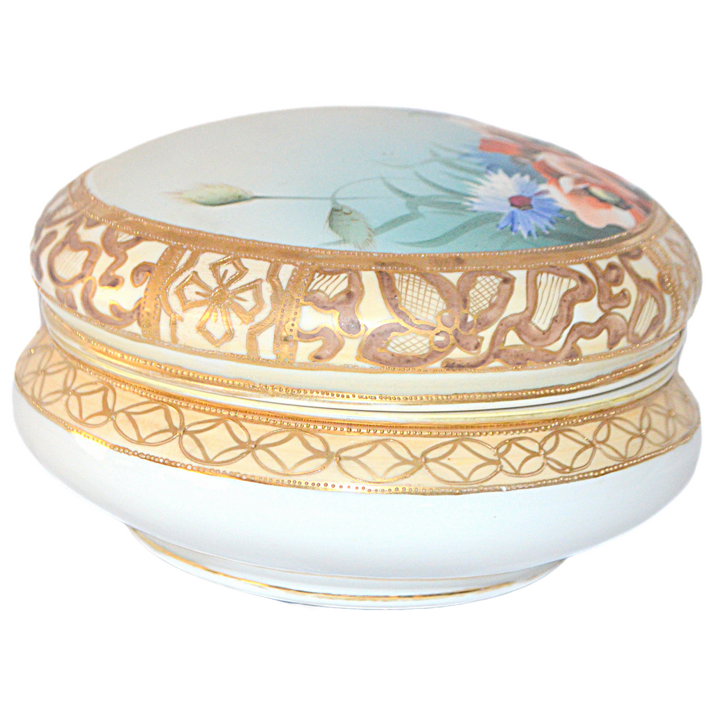 Hand Painted Dresser Jar Box Moriage Gold Poppies Nippon Porcelain