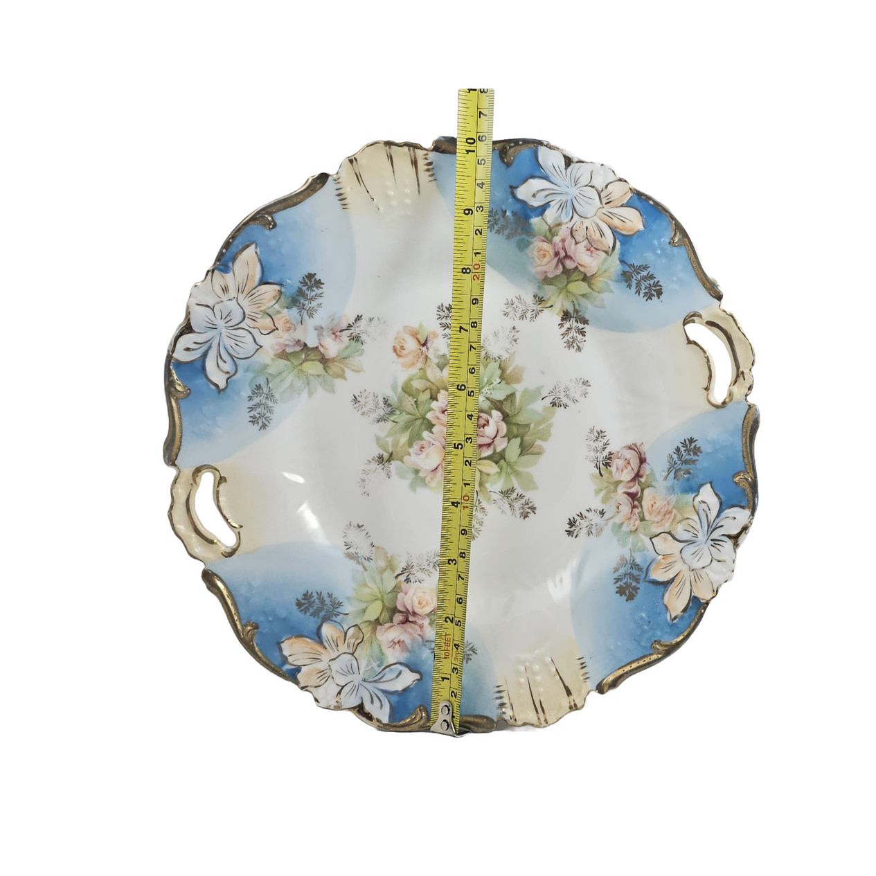 RS Prussia Porcelain Cake Plate Mold 339 Art Nouveau Period Blue w/ Pink Tea Roses