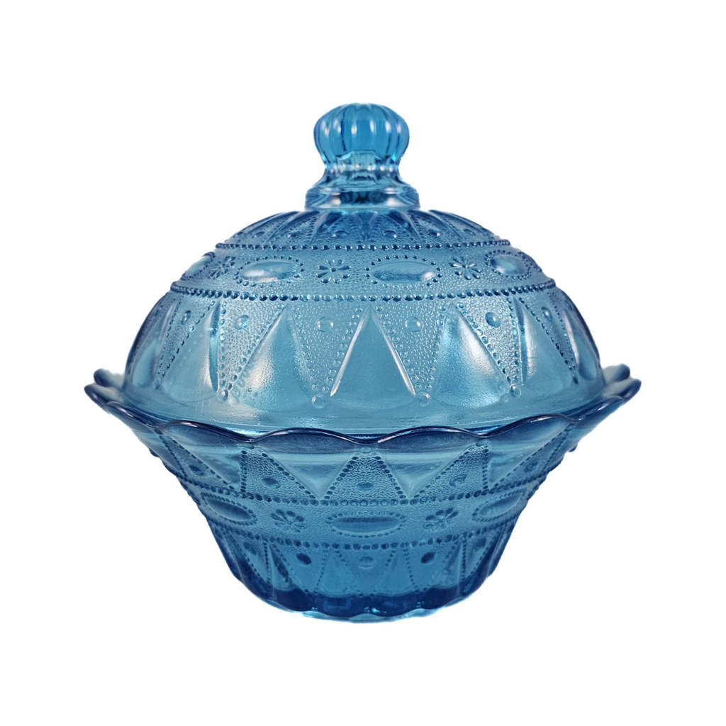 Kemple Wheaton Lace and Dewdrop Turquoise Blue Pressed Glass 6 1/2 Inch Lidded Bowl (Copy)