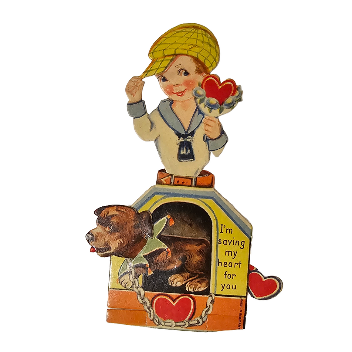 Vintage Die Cut Mechanical Valentine Card Boy Atop a Doghouse with Dog Peeking Out Marked Germany