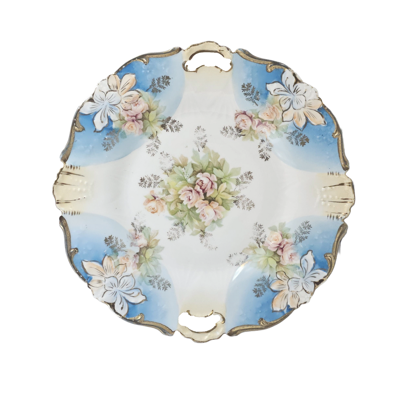 RS Prussia Porcelain Cake Plate Mold 339 Art Nouveau Period Blue w/ Pink Tea Roses