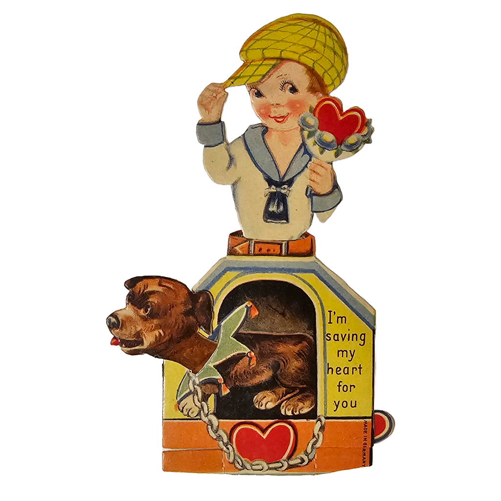 Vintage Die Cut Mechanical Valentine Card Boy Atop a Doghouse with Dog Peeking Out Marked Germany