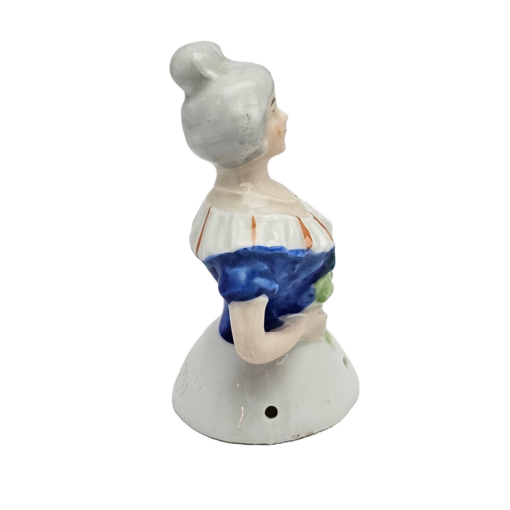 German Porcelain Half Doll German Woman Holding Flowers In Blue Top Model 8231