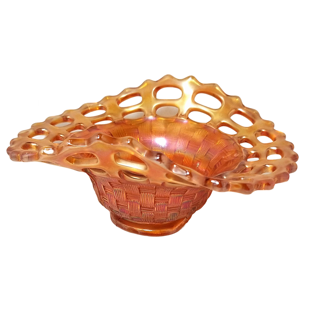 Antique Fenton Marigold Carnival Glass Bon Bon Candy Dish Open Lace Basket Weave Advertising Furniture Company Insignia