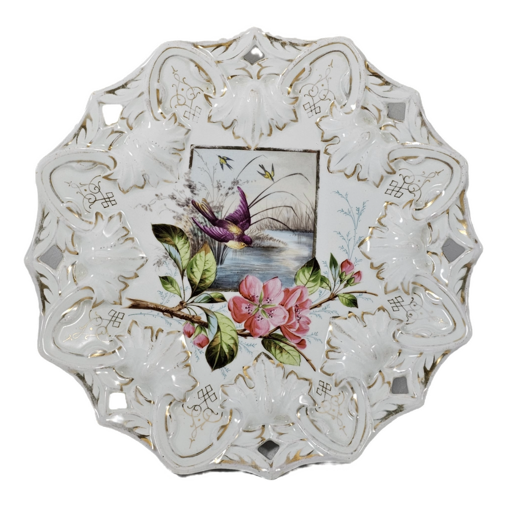 Antique Austrian Porcelain Deep Reticulated Plate Mold Blown Leaves Bird Water Flower Scene