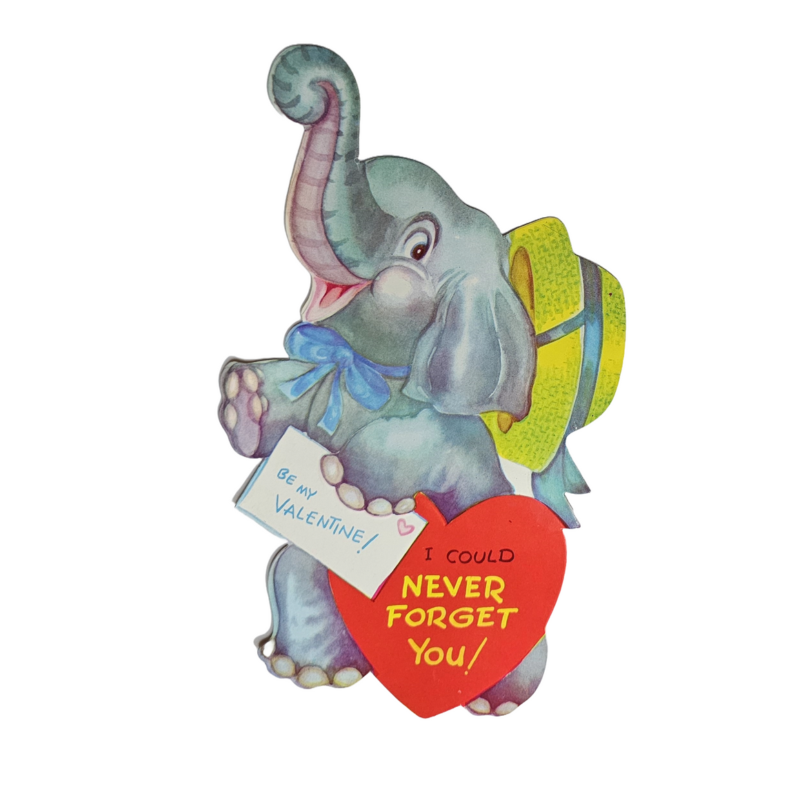 Vintage Die Cut Valentine Card Elephant Wearing Hat Holding Letter