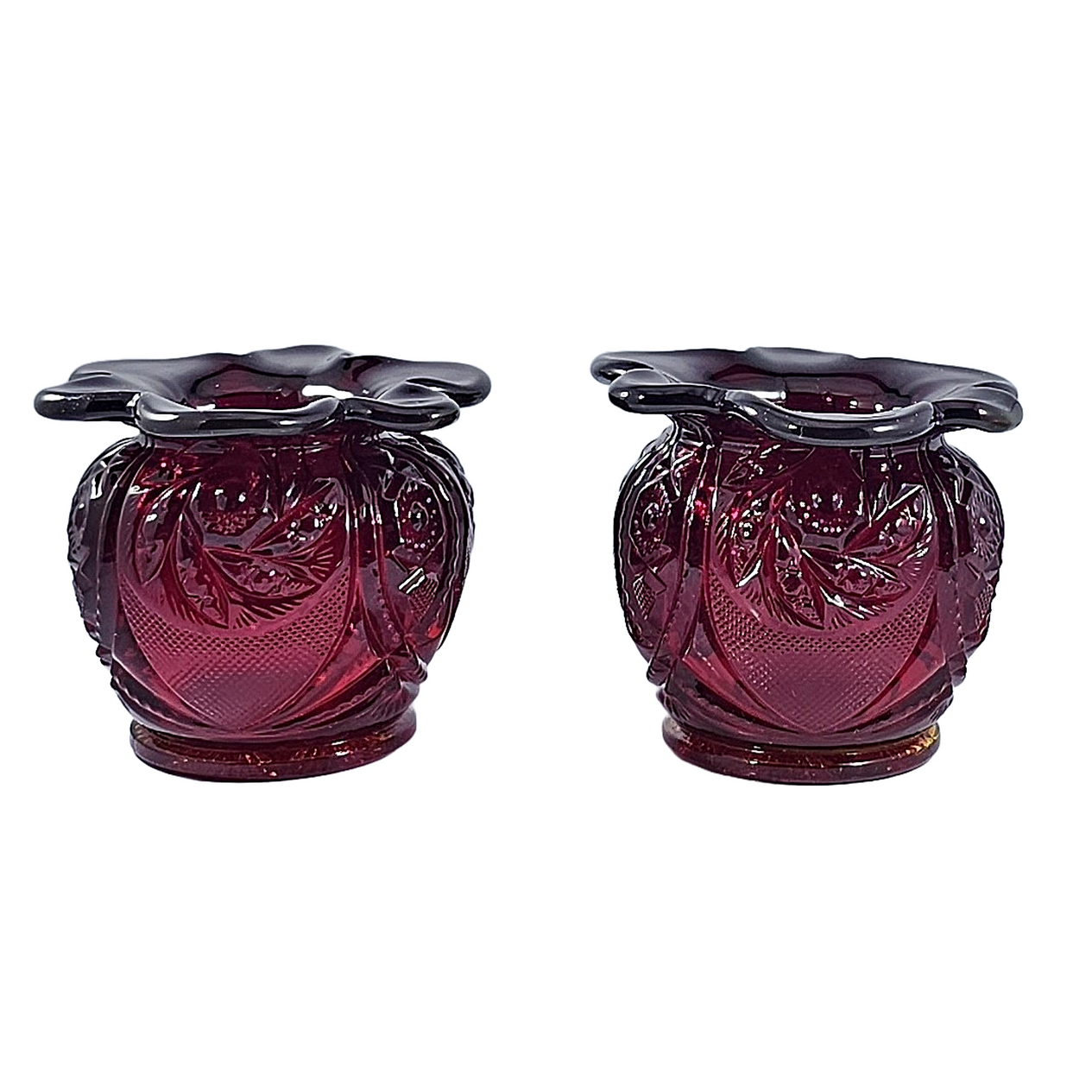 Pair of Westmoreland Ruby Red Amberina Buzz Star Pattern Lipped Vases Glows Under Blacklight