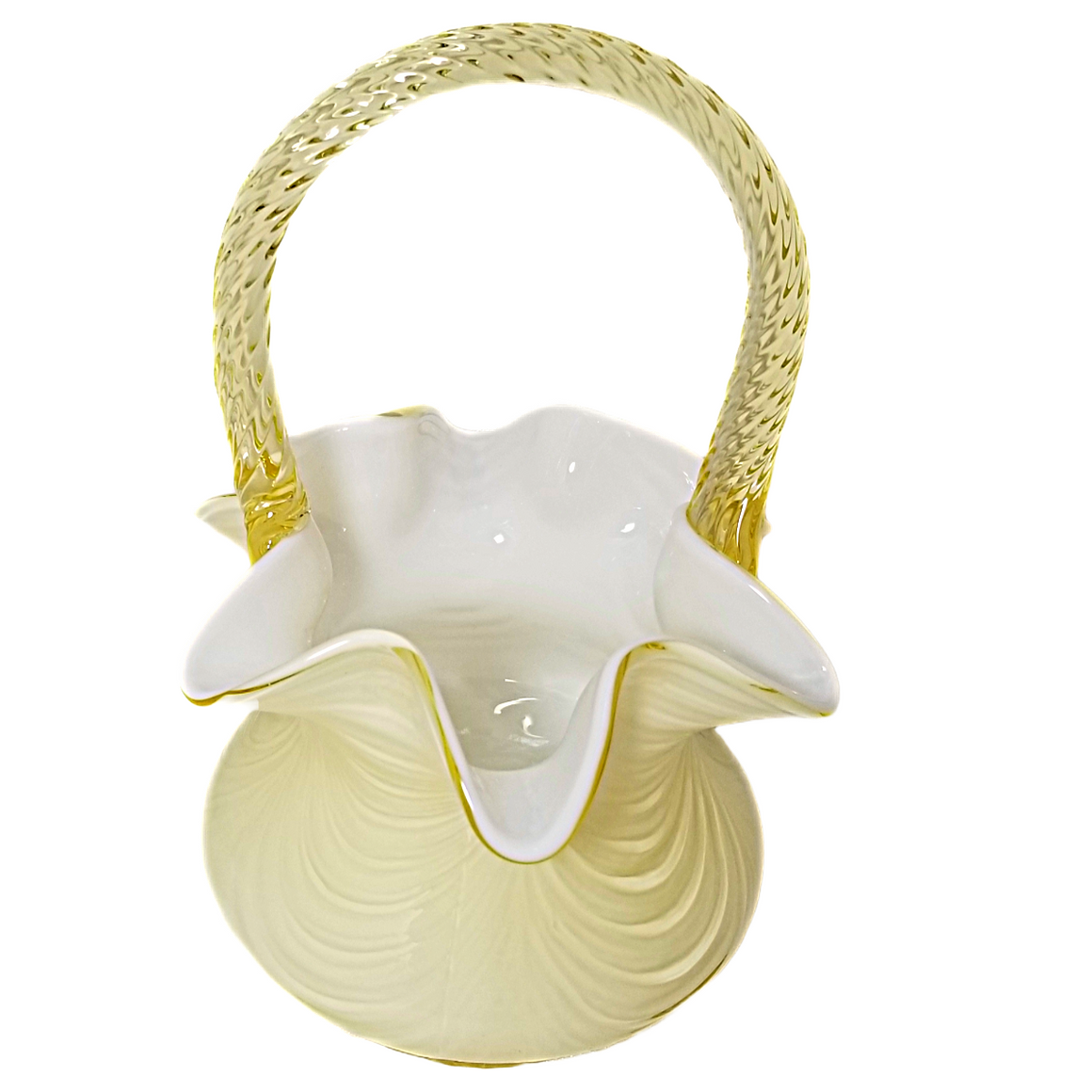 Fenton Art Glass Candleglow Yellow Ivory Crest Overlay Drapery Basket