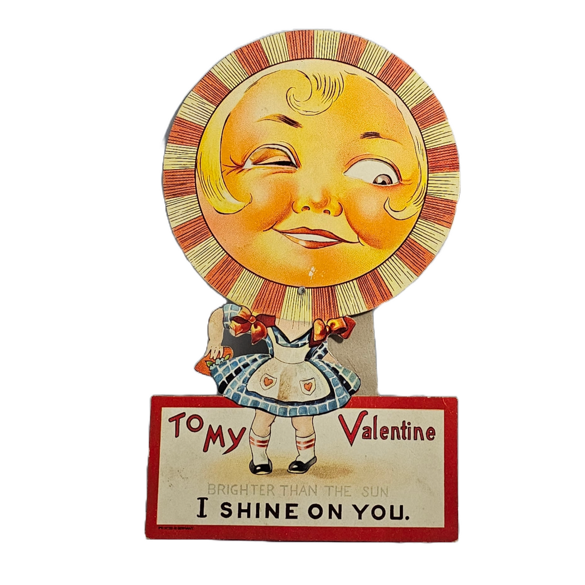 Vintage Die Cut Valentine Card Mechanical Girl with Sun Face Fantasy Theme