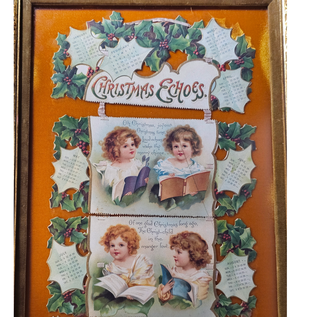 1903 Antique Christmas Calendar Die Cut Artist Ellen Clapsaddle Children with Holly Framed