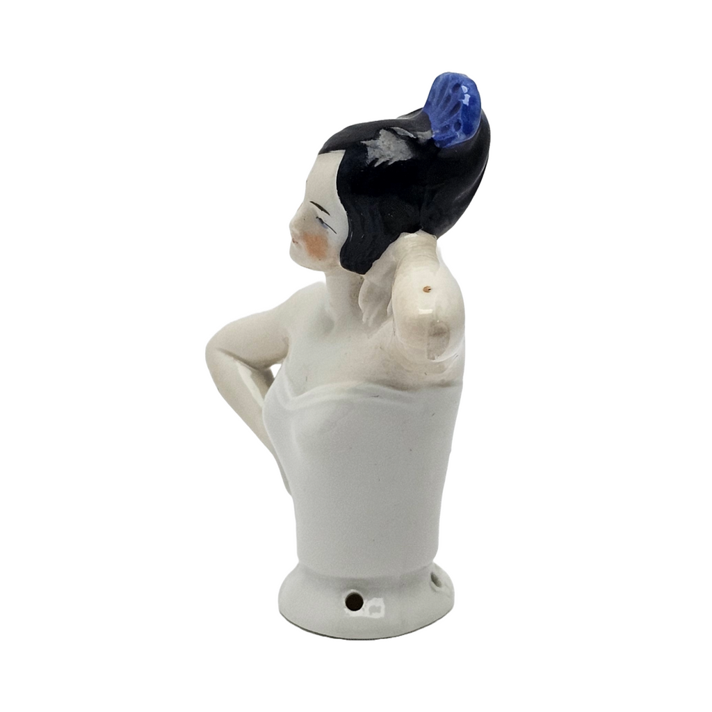 German Porcelain Half Doll Art Deco Woman with Blue Hair Comb