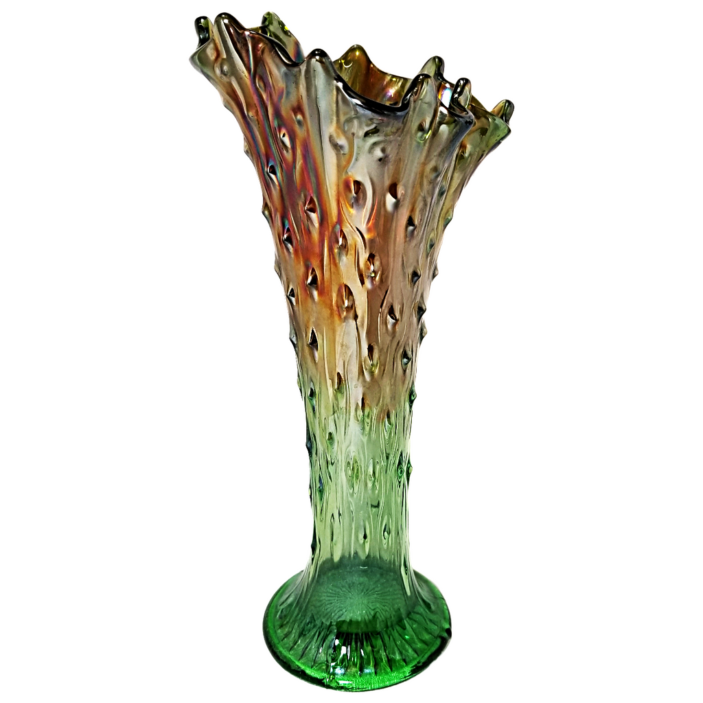 Antique Northwood Ombre Iridescent Marigold & Green Tree Trunk Raindrop 10" Swung Vase