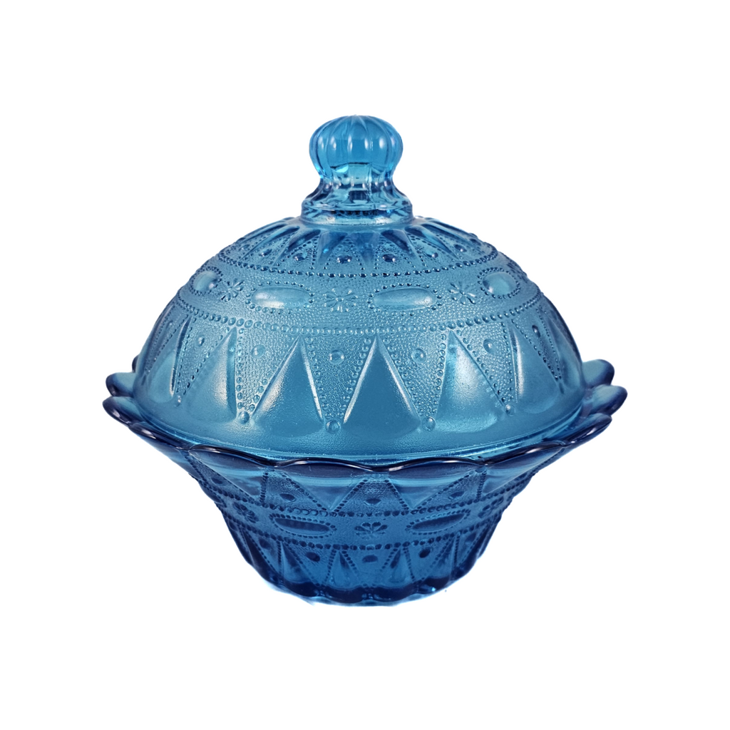 Kemple Wheaton Lace and Dewdrop Blue Pressed Glass 6 1/2 Inch Lidded Bowl