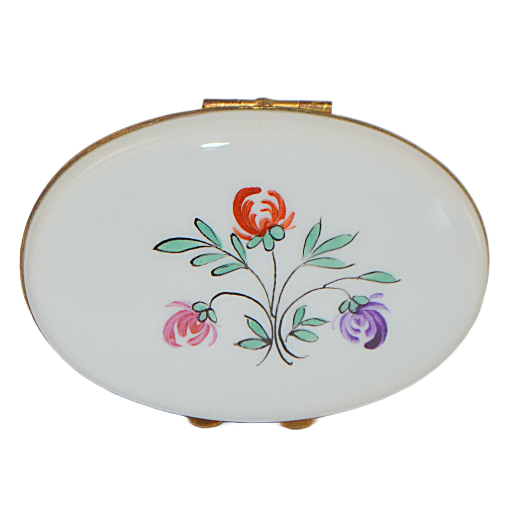 Vintage Limoges Porcelain Hand Painted Trinket Box Flower Leaf Decoration Hinged Lid Chamart Peint Main France
