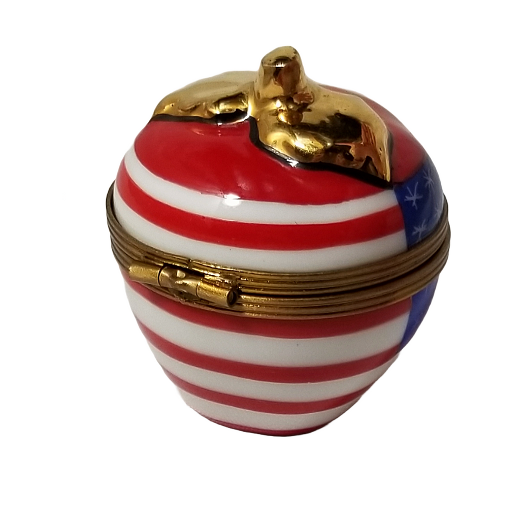 Limoges Peint Main Trinket Box Red White Blue American Flag Themed Apple Artist Signed