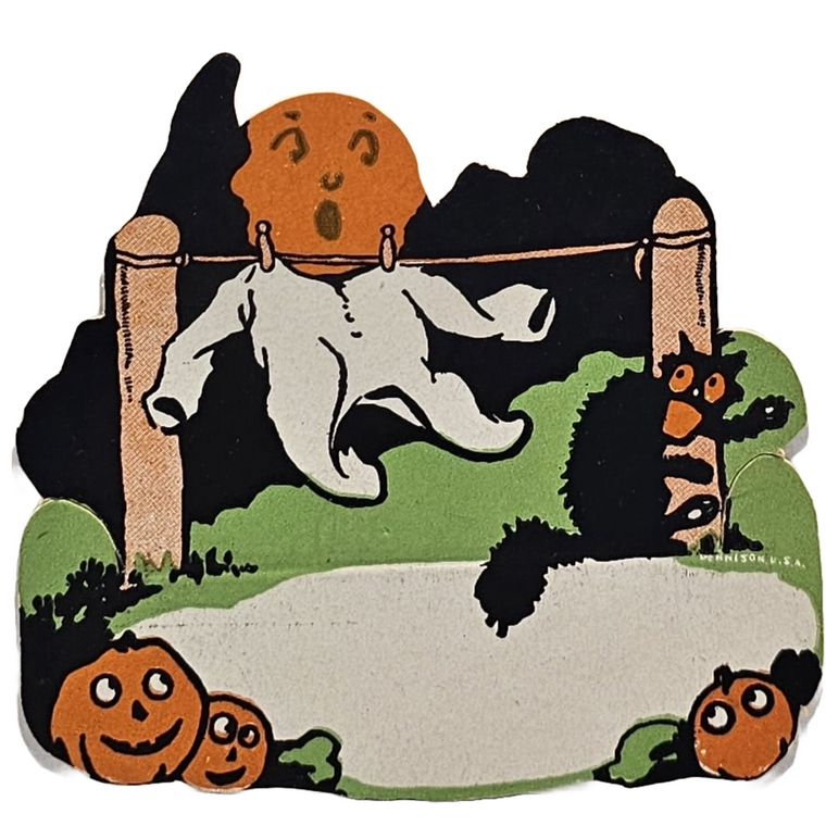 Vintage Dennison Halloween Die Cut Place Card 1920s JOL Pumpkin Ghost Pajamas Scared Black Cat