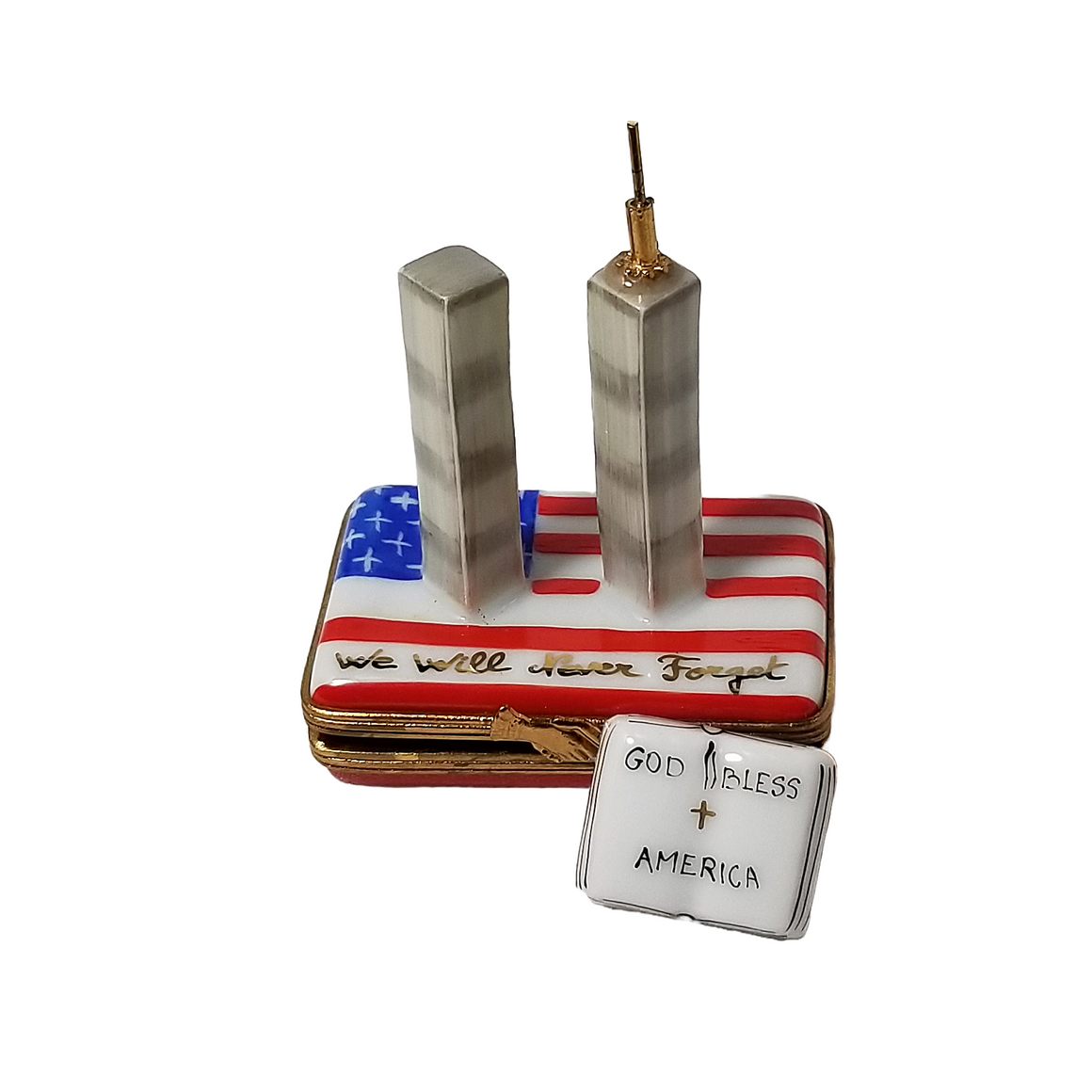 Vintage Limoges France Peint Main NYC Twin Towers American Flag Trinket Box  Pierre Arquie Limited Edition