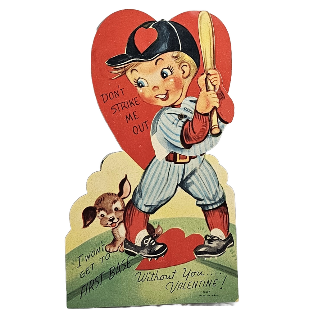 Larger Sized Mechanical Valentine Card Boy Swinging at Baseball with Puppy Dog Watching at Feet