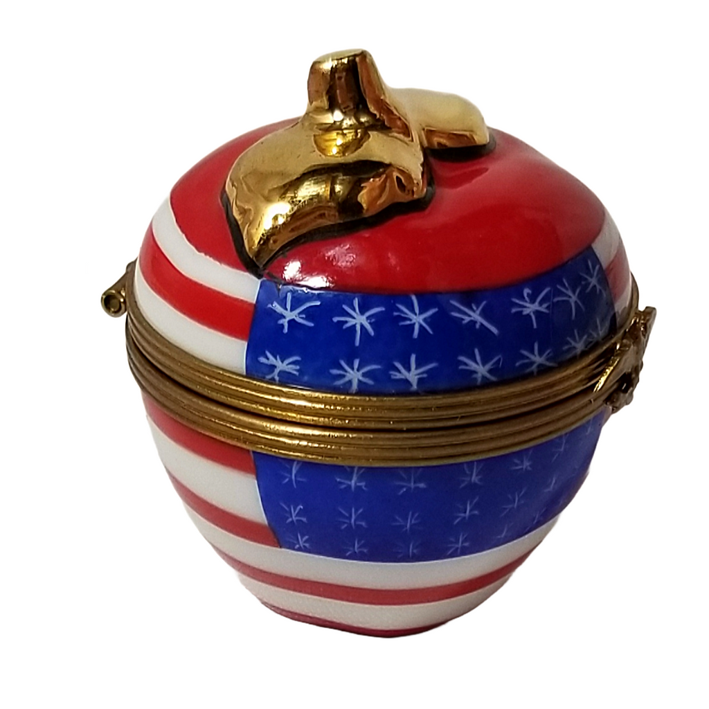 Limoges Peint Main Trinket Box Red White Blue American Flag Themed Apple Artist Signed