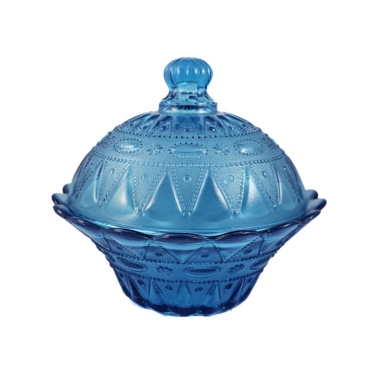 Kemple Wheaton Lace and Dewdrop Blue Pressed Glass 6 1/2 Inch Lidded Bowl