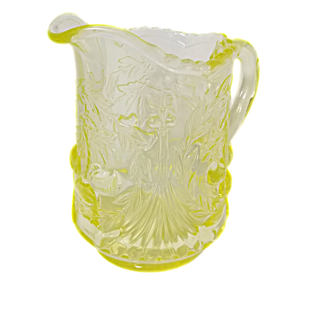 LG Wright Fenton Topaz Yellow Vaseline Glass Miniature Creamer Pitcher with Cherry Cable Pattern