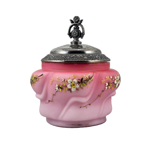 Victorian Pink Peachblow Satin Glass Enamel Sugar Jar with Silver Plated Lid