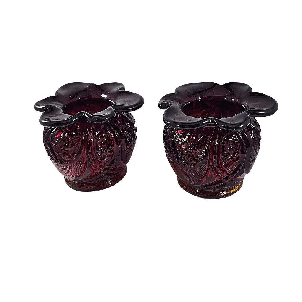 Pair of Westmoreland Ruby Red Amberina Buzz Star Pattern Lipped Vases Glows Under Blacklight