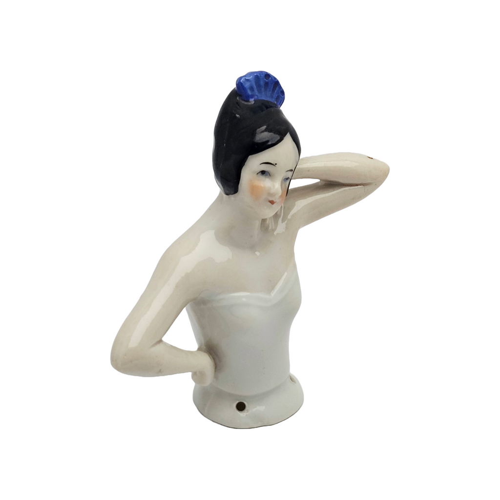 German Porcelain Half Doll Art Deco Woman with Blue Hair Comb