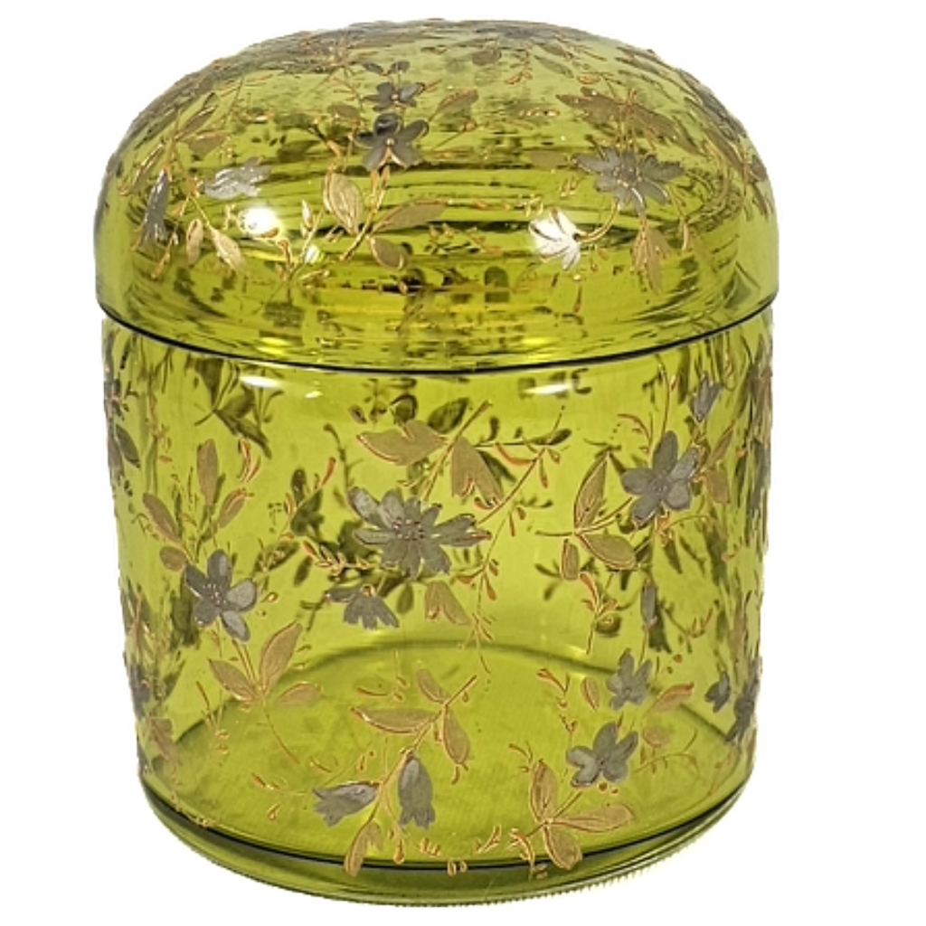 Moser Bohemian Art Glass Covered Box Vanity Jar Enamel Gold Silver Decoration