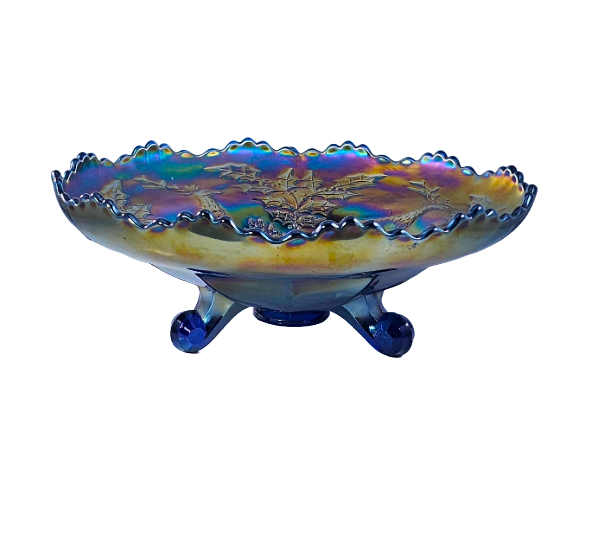 Fenton Blue Carnival Glass Large Footed ICS Bowl Stag & Holly Pattern