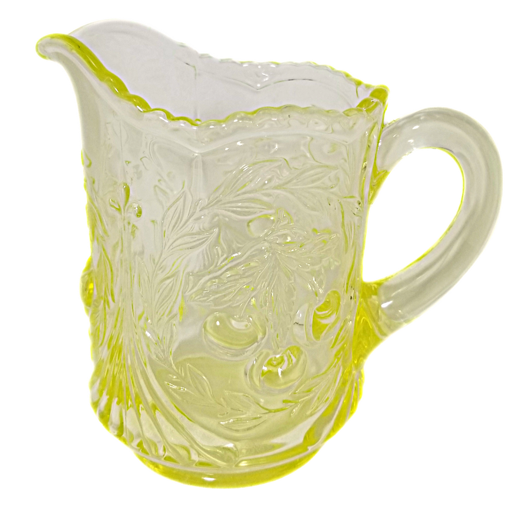 LG Wright Fenton Topaz Yellow Vaseline Glass Miniature Creamer Pitcher with Cherry Cable Pattern