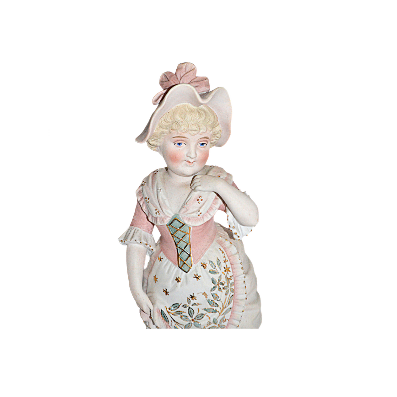 German Porcelain Bisque Statue Numbered Figurine of Woman in Pink