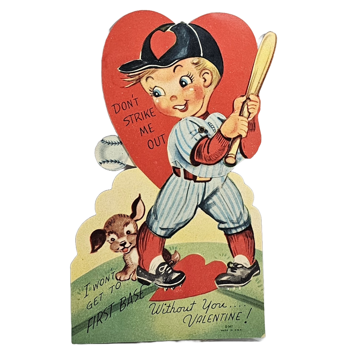 Larger Sized Mechanical Valentine Card Boy Swinging at Baseball with Puppy Dog Watching at Feet
