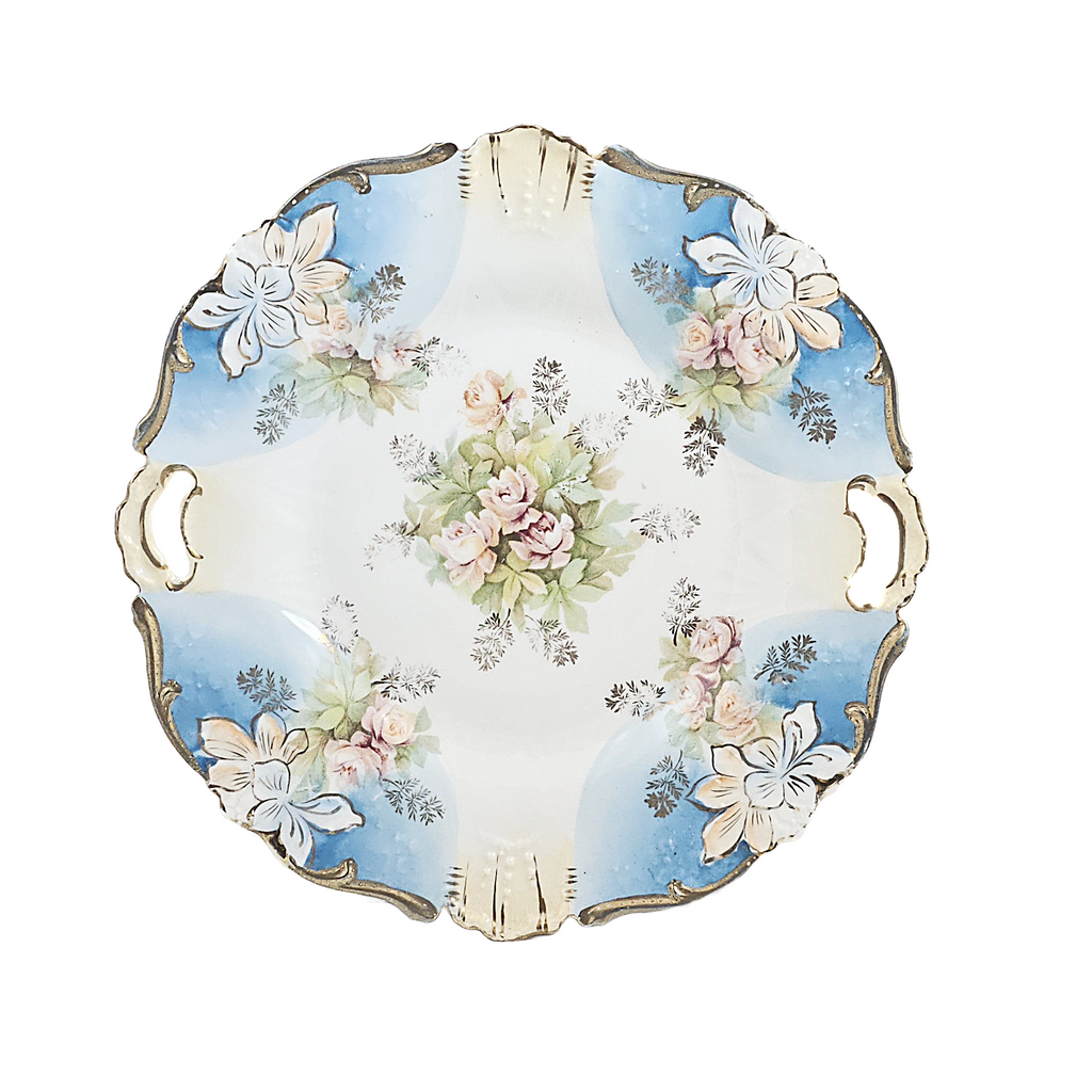 RS Prussia Porcelain Cake Plate Mold 339 Art Nouveau Period Blue w/ Pink Tea Roses