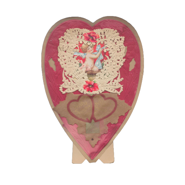 Vintage Die Cut Valentine Heart Shaped Card Large Sized Cupid with Flowers Red Background